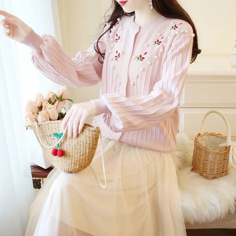 pink SWEETXUE Новинка Осень Женский вязаный кардиган свитер пальто короткая вышитая бисером однобортная верхняя одежда женская Повседневная - Цвет: pink