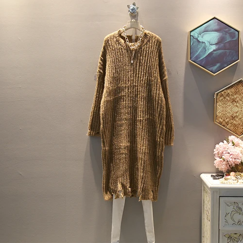 khaki WLD2809 XITAO корейский стиль плюс размер трикотажное платье Женская мода отверстие осень зима женская одежда дамские платья свободного покроя WLD2809 - Цвет: khaki WLD2809