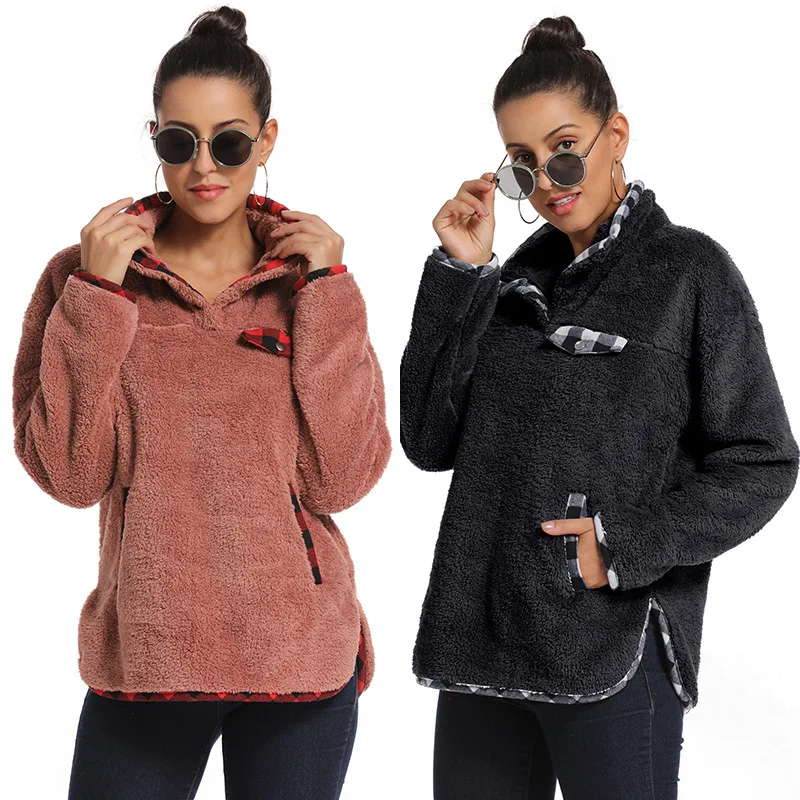 

Fashion women stitching plush loose tide women casual long sleeve thick Fleece Winter Clothing Plus Size