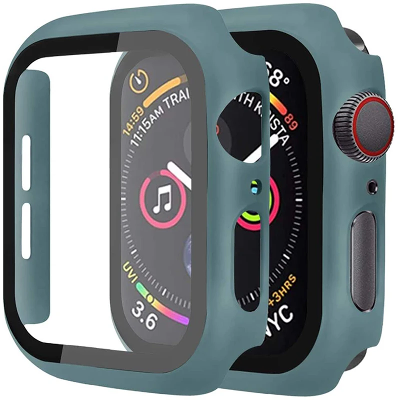 Protector de pantalla de cristal + cubierta para Apple Watch, 44mm, 40mm, 42mm, 38mm, accesorios de parachoques para Apple Watch series 5 4 3 SE 6