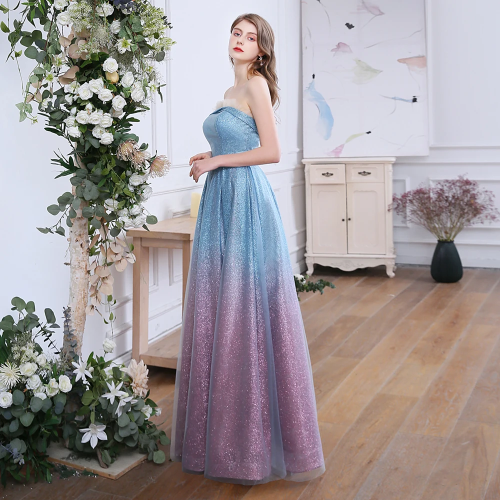 SSYFashion, новое вечернее платье для банкета, сверкающее, без бретелек, с блестками, градиентное, голубое, фиолетовое, мечта, Длинные вечерние платья, Vestido De Noche