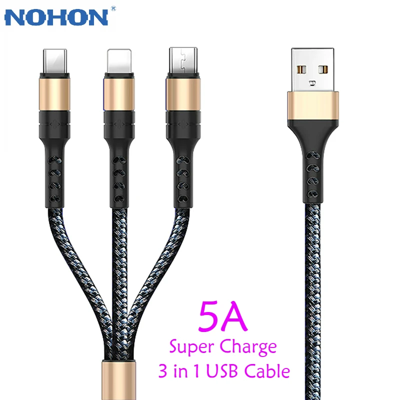 Nohon супер зарядка 3 в 1 кабель для iPhone 11 Pro Max быстрое зарядное устройство Micro usb type C кабель для samsung S10 Xiaomi 8 Pin Lightning