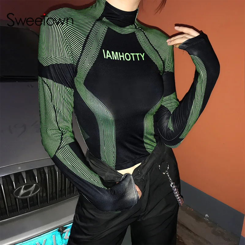 Sweetown Moto& Biker печатная Осенняя футболка женская спортивная одежда контрастный цвет водолазка с длинным рукавом укороченная футболка уличная