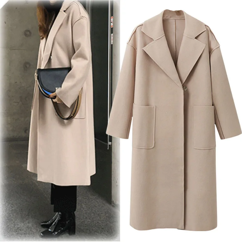 

Women New Fashion Black Fall / Winter Overcoat Camel Simple Wool Collared Long Coat Slim Casacos femininos manteux femme