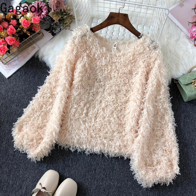 

Gagaok Women Office Lady Thick Sweater Spring Autumn New O-Neck Solid Lantern Sleeve Loose Casual Sweet Fashion Ladies Pullover