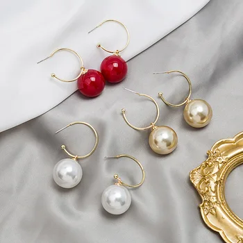 

Real Sterling Silver Pin Earrings Women's Jewelry Red Gold White Large Round Pearl Female Earrings Wedding Jewelry