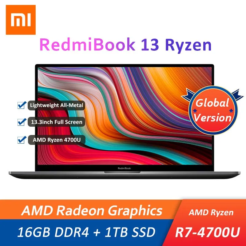 Оригинальный ноутбук Xiaomi RedmiBook 13 AMD Ryzen 7 4700U 16 Гб DDR4 + ТБ SSD 3 дюймов Mi Windows 10 Home