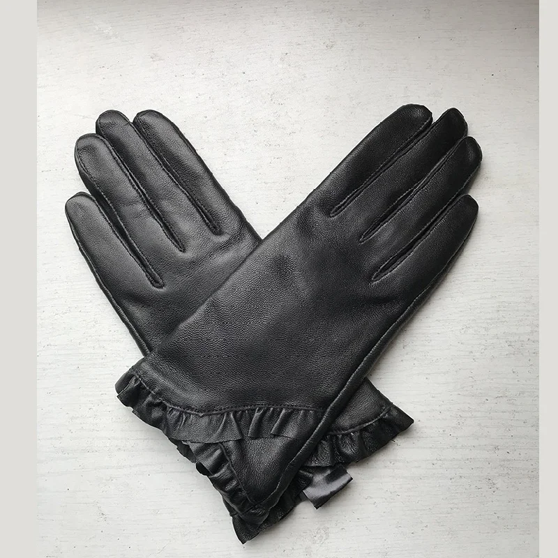 

Leather Gloves Flounces Decorative Fashion Women's Warm Skin Pure Sheepskin Thick Lining Trim Hands Warm Autumn And Winter