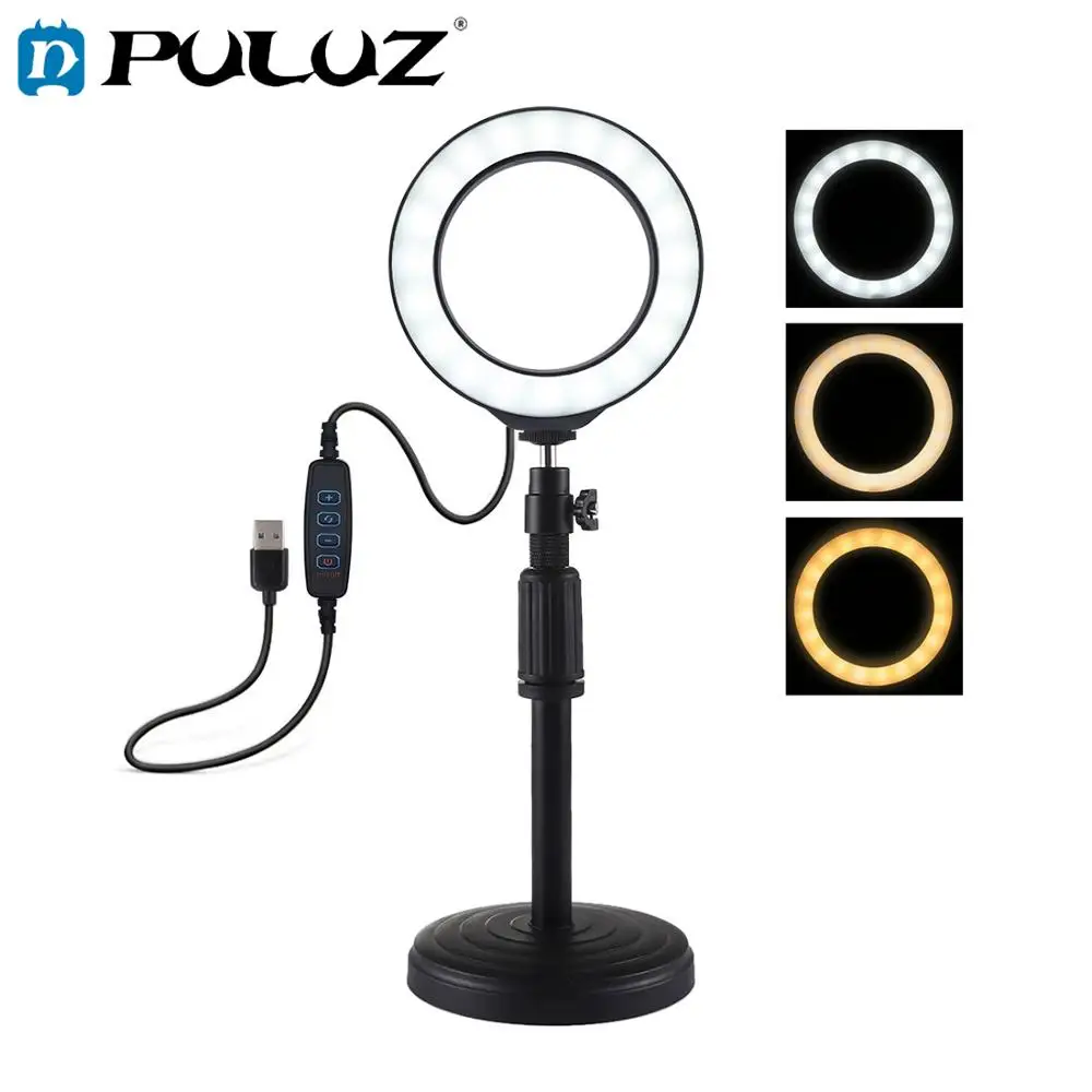 PULUZ круглое основание настольное крепление+ 4,6 дюймов 3 режима USB Диммируемый светодиодный кольцевой видео свет, регулируемая высота: 18 см-28 см