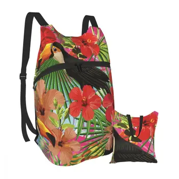 

Foldable Backpack Waterproof Travel Men bag Tropical Bird Toucan Leaves And Hibiscus Flowers