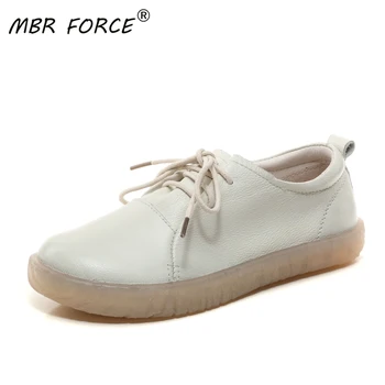 

MBR FORCE New Cowhide woman mother single shoes retro handmade lace up Flats comfortable casual soft pregnant women white shoes