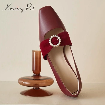 

Krazing pot gladiator genuine leather pearl decoration dance party square toe thick med heel slip on fairy dress women pumps L21