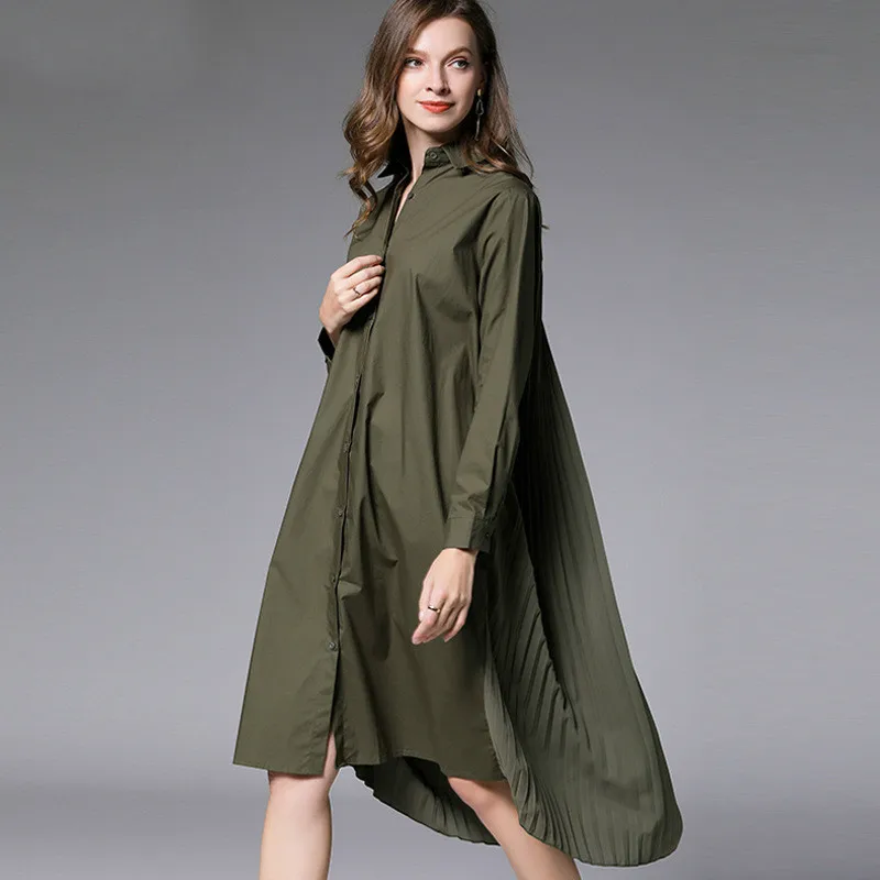 

Fall Spring Plus Size Dresses Women's Clothing Loose Pleated Dresses Back Pleasted Long Sleeve Casual Long Dresses TA7603