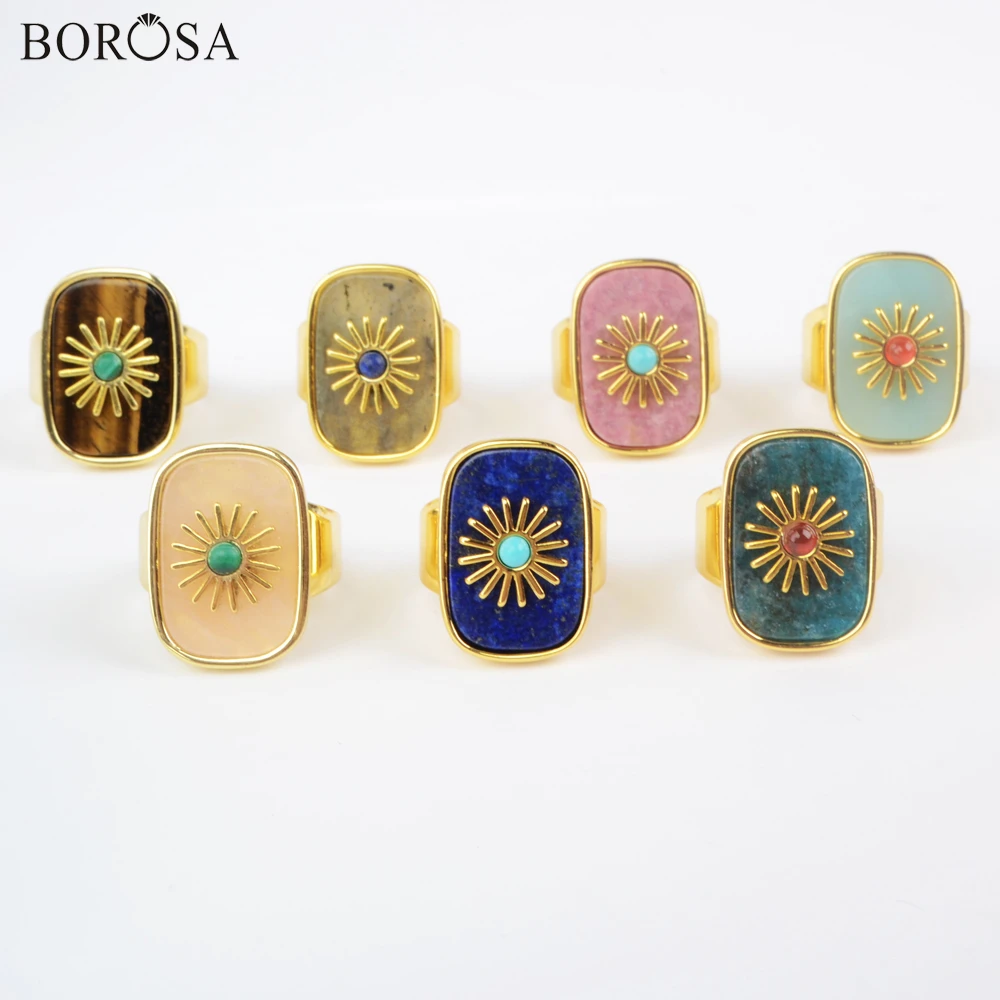 

Gold Color Multi-kind Natural Stone Ring High Quality Gems Rings for Women with Flower Metal Paved Women Statement Rings WX1625