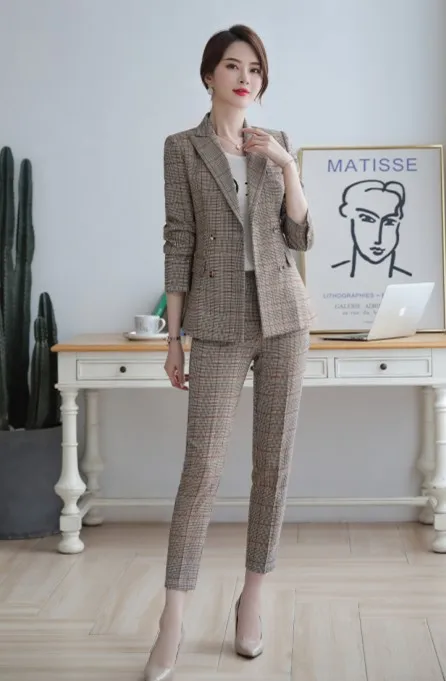 Yellow coat and pant Профессиональные официальные клетчатые брюки костюмы для женщин Новая мода темперамент длинный рукав Блейзер и брюки офисная Дамская Рабочая одежда - Цвет: Yellow coat and pant