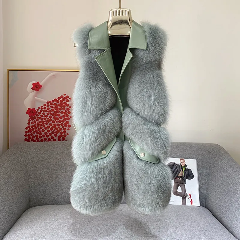 Real Fox Fur Vest Leather Patchwork Winter Clothes Women High Quality Elegant Rare Lake Blue Sleeveless Fluffy Gilet Plus Size