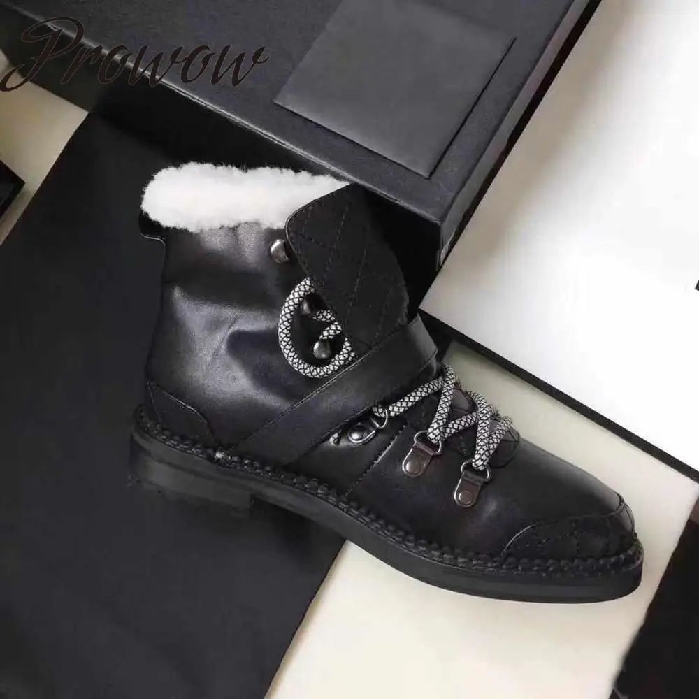

Prowow New Black Broown Genuine Leather Lace Up Ankle Boots Round Toe Thick Heel Sheep Wood Winter Warm Boots Shoes Women