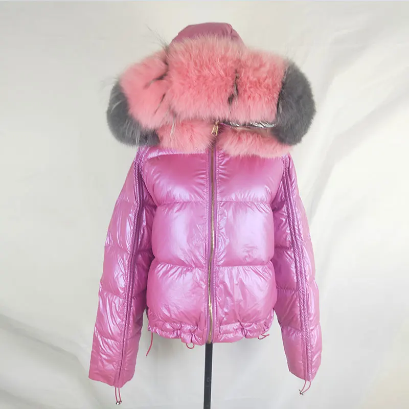 Winter Coat Wome White Duck Down Coat real fur coat natural fox fur collar Loose Hooded Short Coat Warm Down jacket student