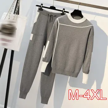 

Plus Size Woman Sweater Suits Knit Casual Tracksuits Crewneck Pullovers+Drawstrings Elastic Pants Two Piece Sets Female Outfits