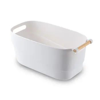 

Plastic Storage Basket with Wooden Handle Cosmetic Box Organizer Kitchen Bathroom Closet Decoration