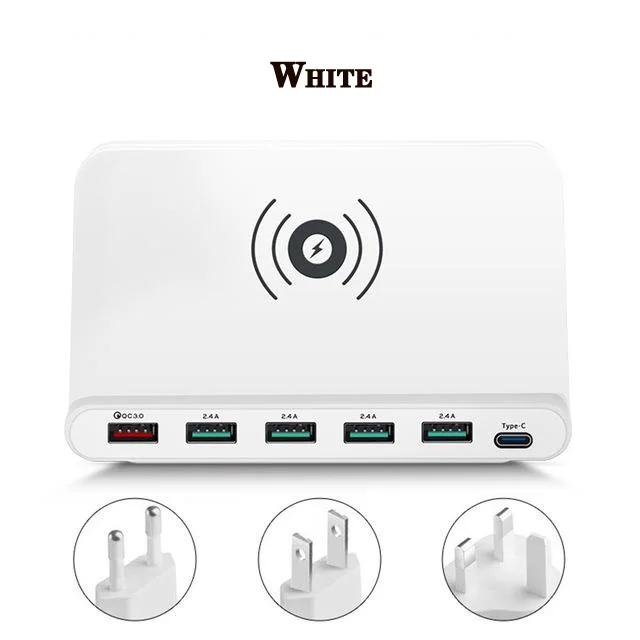 Универсальное беспроводное зарядное устройство Qi для Iphone X XS MAX Multi USB Cargador Movil Быстрая зарядка 60 Вт 3,0 Быстрая зарядка для samsung S9 S10 - Тип штекера: WHITE
