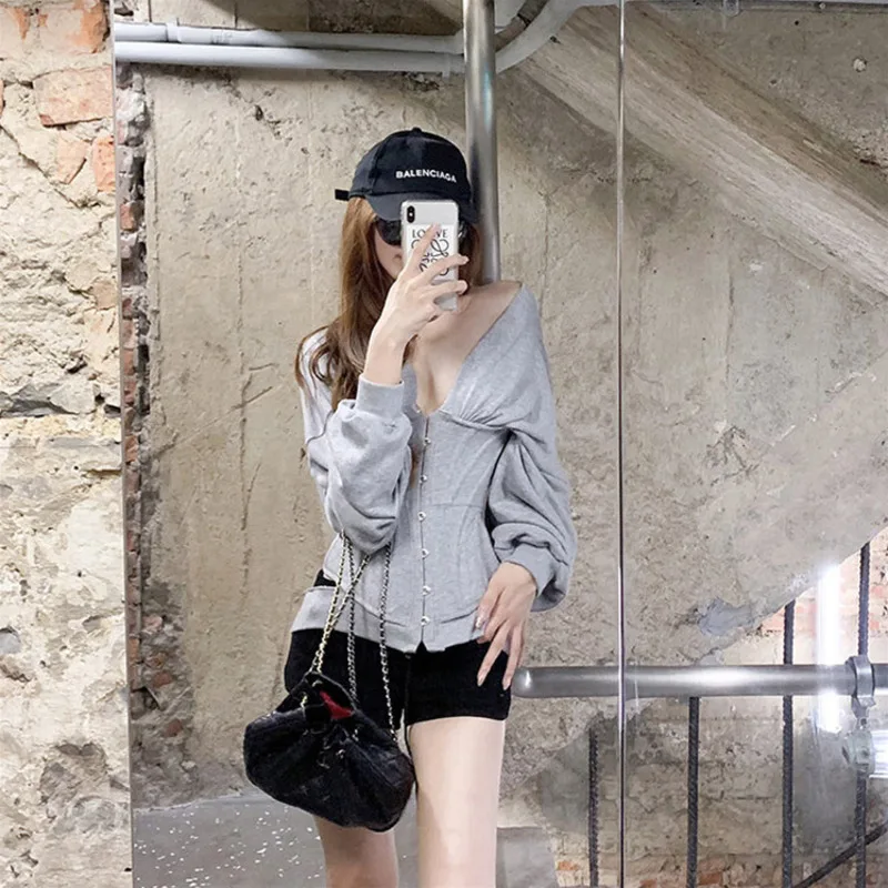 

TVVOVVIN 2019 Fashion Early Autumn Mature Style Thin Hat Long Sleeve Bandage Waist Gray Slim Fit Sweatshirt Woman L027