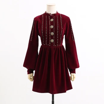 

Women Velvet Dresses High Waist Vintage Wine Red Rivets Slim A-line dress Stand Collar Puff Sleeve Autumn dress vestido de festa
