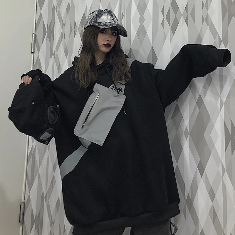 Толстовки ulzzang Harajuku, Свободный пуловер с длинным рукавом и толстовки с капюшоном, черная мода feminina, женская одежда bf, корейский стиль