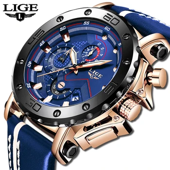 

2020 LIGE Men Watches Top Luxury Brand Military Fashion Quartz Watch Men Leather Waterproof Sport Chronograph Relogio Masculino