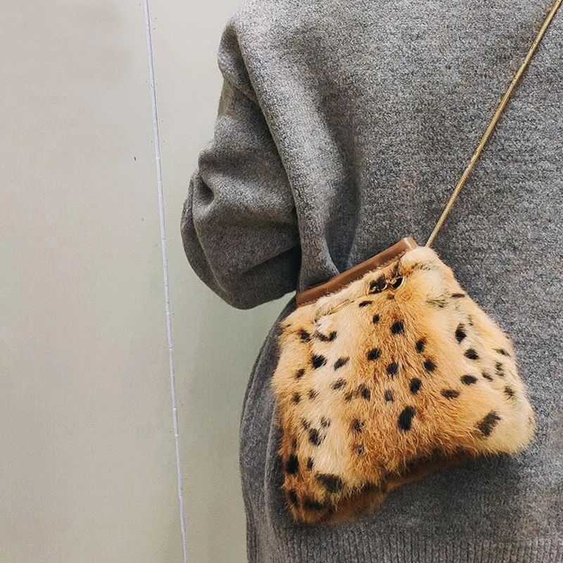 

New Women Winter Real Rabbit Fur Shoulder Bags Handbag lady Leopard Print Handbag Female Party Small Girls Bag Christmas Gift