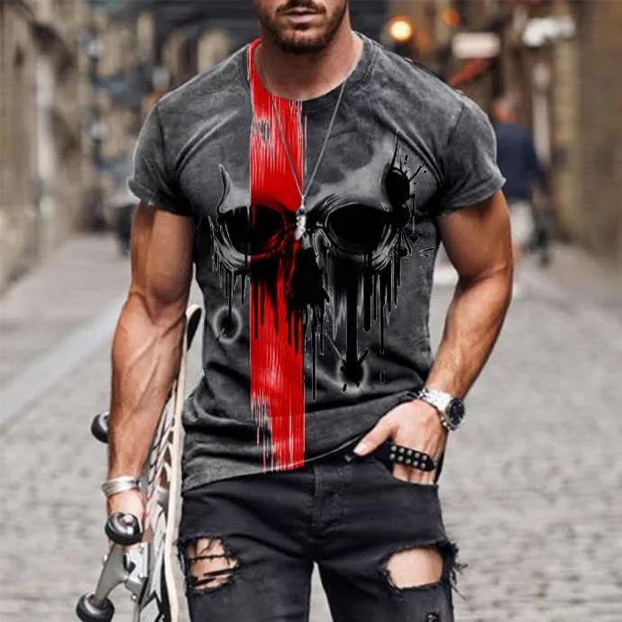 Retro Style Printed T-shirt | Poker | Viking | Flag Pattern Street Style Round Neck Breathable All-match T-shirt Latest 2021