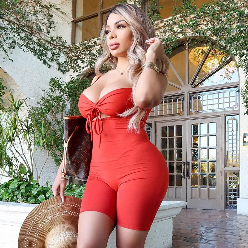 Summer Overalls for Women Sleeveless V Neck Lace Up Solid Bodycon Slim Jumpsuits Romper Playsuit 2021 Female Clothing Streetwear