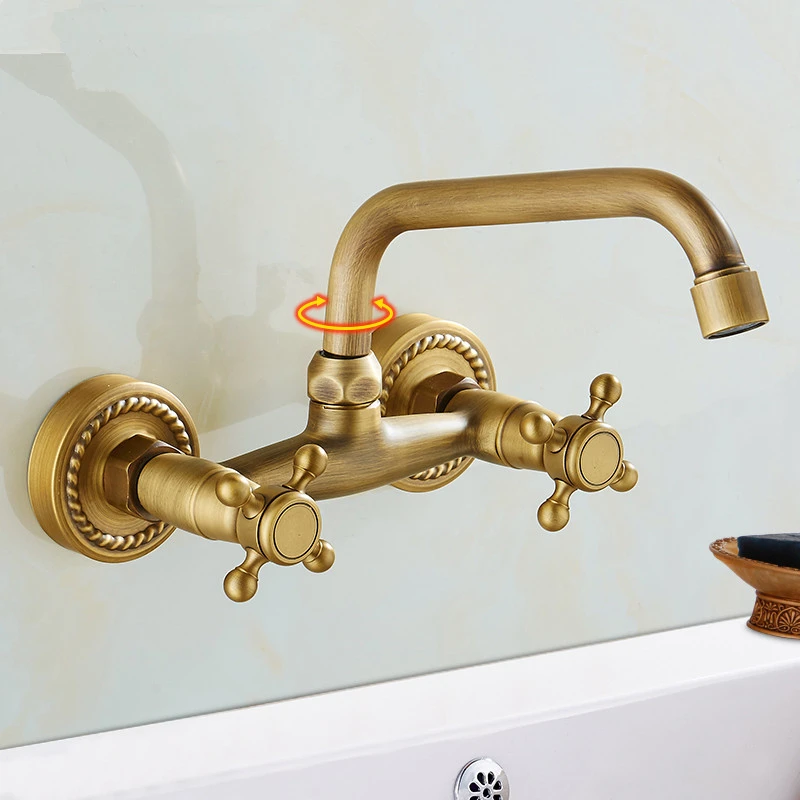

Wall Mounted Bathroom Kitchen Faucet Dual Handle Brass Antique Hot and Cold Water Tap 360 Swivel Long Spout Kitchen Mixer Tap