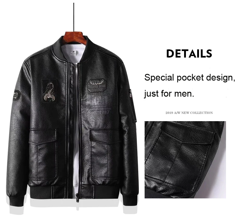 Hywcvar мужская куртка со стоячим воротником PU-Coat Scorpion вышивка искусственная кожа черная Мужская куртка с длинным рукавом
