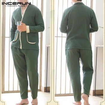 

Men Patchwork Pajamas Suits Long Sleeve V Neck Tops Elastic Pants Homewear Sets Men Cotton Buttons Nightgown Suits S-5XL INCERUN