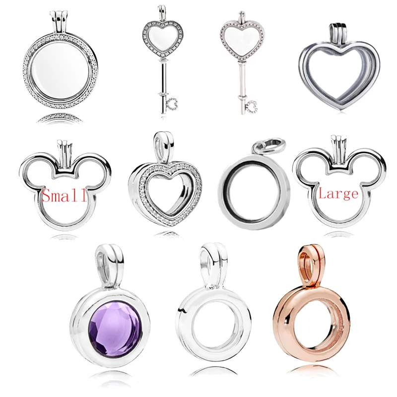 

925 Sterling Silver Floating Locket Micky Key Heart Pendant Charm Fit Original Pandora Bracelet Necklace for Women DIY Jewelry