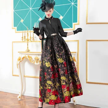 

2020 Jacquard Black Runway Long Dress Three Quarter Women Evening Full Length Gorgeous Floral Prined Long Dress DZ2470