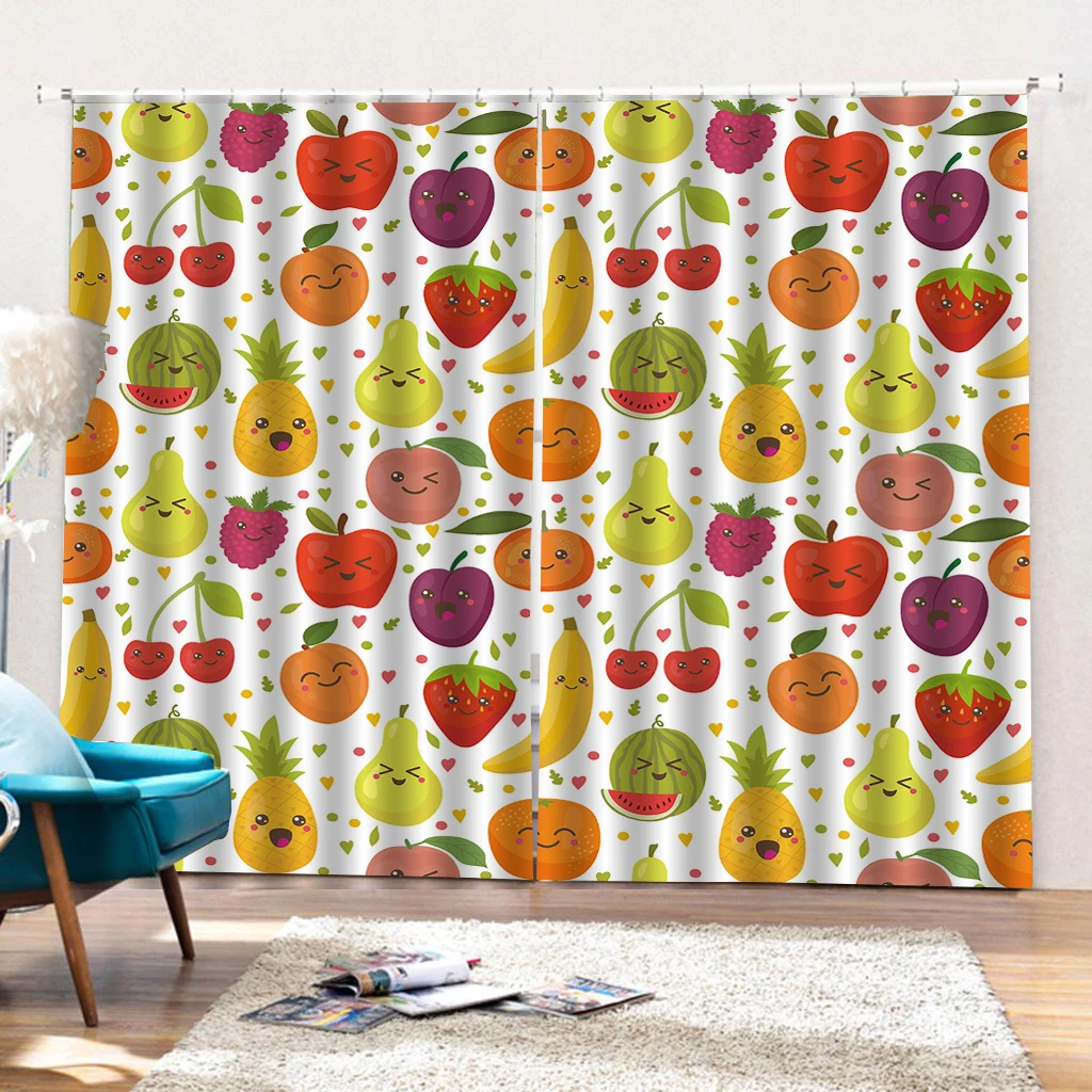 Apple pineapple pear banana watermelon Fruit Curtains Living room Bedroom Decor 2 Panels Hooks Window Curtains