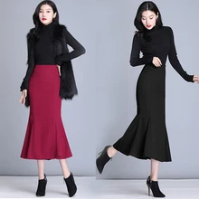 Весна и Осень женский темперамент длинный на сумку на юбку бедра Мода Тонкий шерстяной рыбий хвост юбки женская одежда черный красный