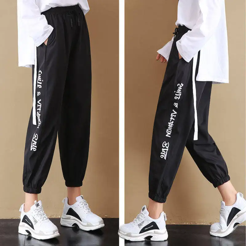 Черно-белые спортивные штаны с лентами, трендовые штаны для уличных танцев в стиле хип-хоп, женские летние осенние тонкие свободные брюки в Корейском стиле для женщин