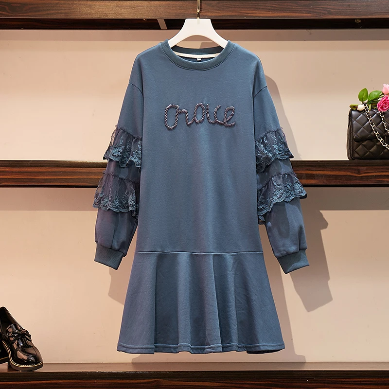 

M-4XL Plus Size Women Cotton Sweatshirt Dress Autumn 2019 Lace Patchwork Long Sleeve Loose Casual Beading Ruffle Dresses Blue