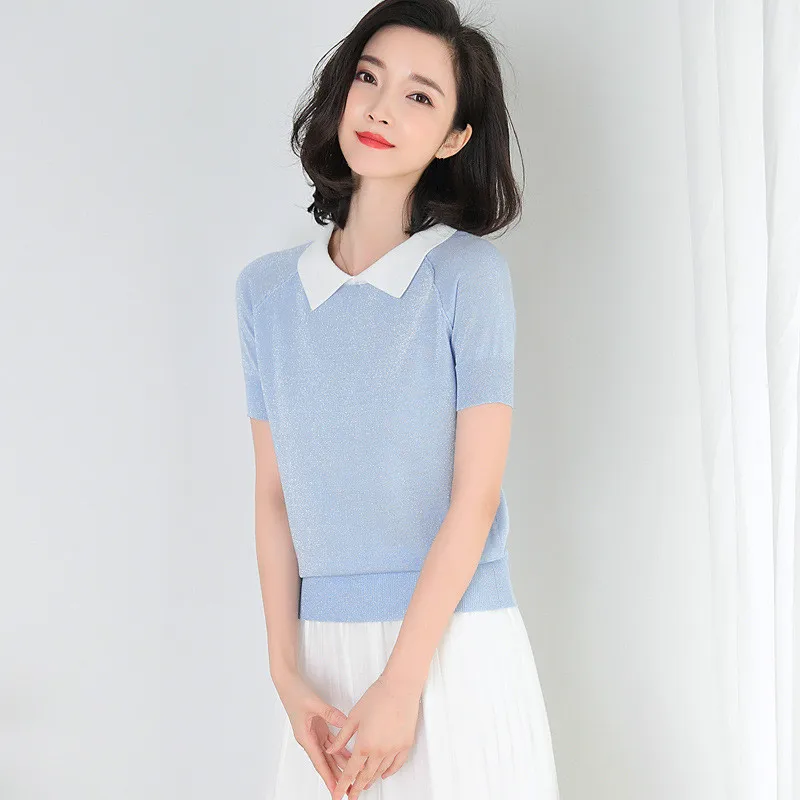 Summer Office Wear Lapel Bow Sweater Shiny Thread Short Sleeve Womens Tops Ladies Knitted Knitwear Thin Cute Blue Girls Pullover | Женская
