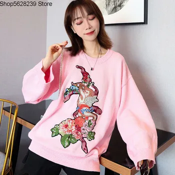 

19 Pink Sweater Little Angel Embroidery Lantern Sleeve Loose Lazy Sweater Knitting Shirt Sweater Coat