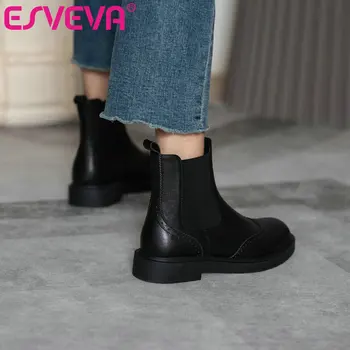 

ESVEVA 2021 Square Low Heel PU+Leather Ankle Boots Western Style Black Women Boots Slip On Shoes Platform Boots Size 34-39
