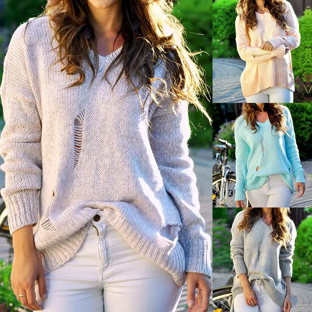 

Women Knitted Sweaters Fashion Ripped 2019 Pullovers Casual Loose Vintage Autumn Winter Clothes Modish Hole Outwear Pull Homme