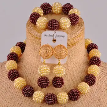 

brown and champagne gold african beads jewelry set simulated pearl costume necklace nigerian wedding bridal jewelry sets FZZ97