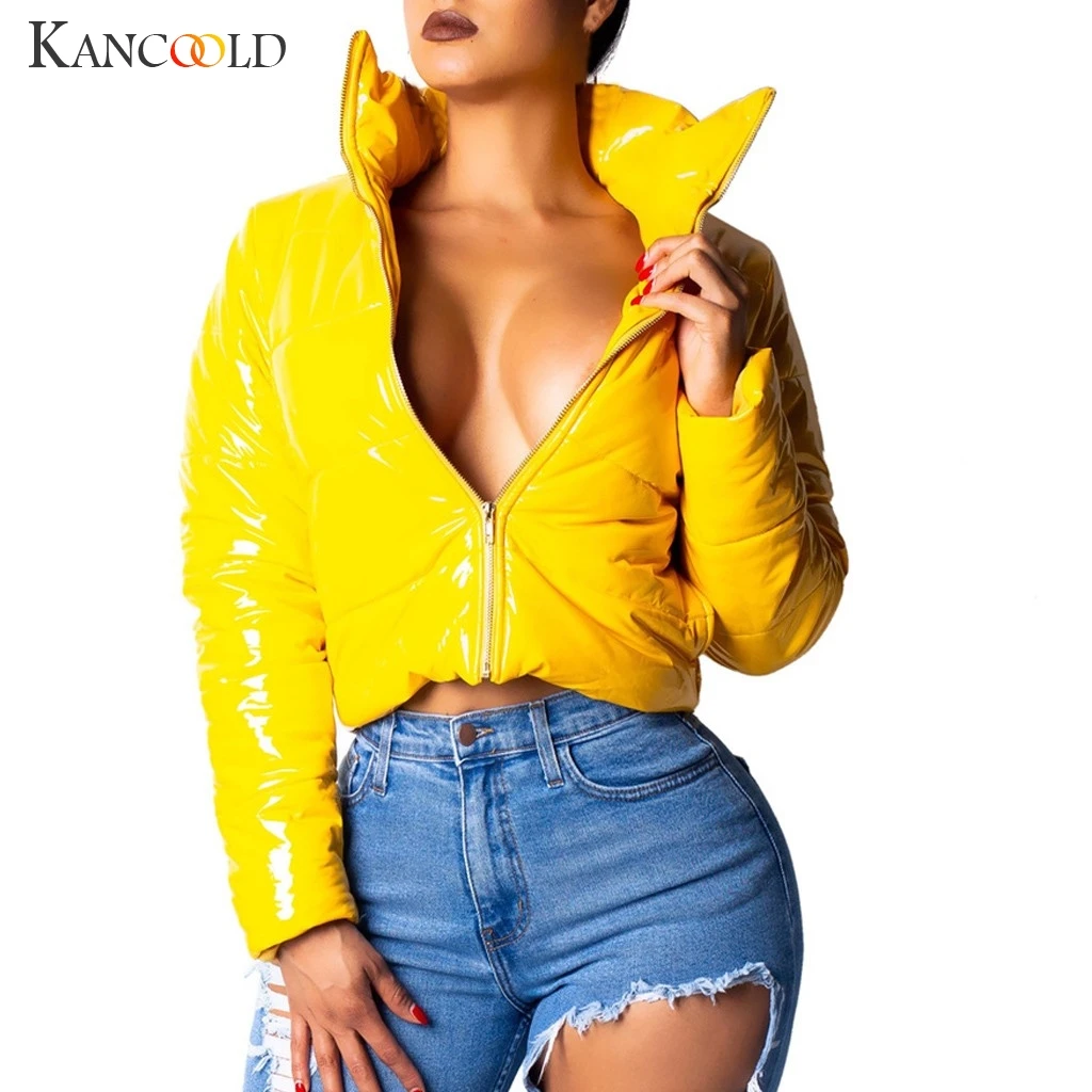 Женский короткий пуховик из лакированной кожи KANCOOLD черная мотоциклетная куртка