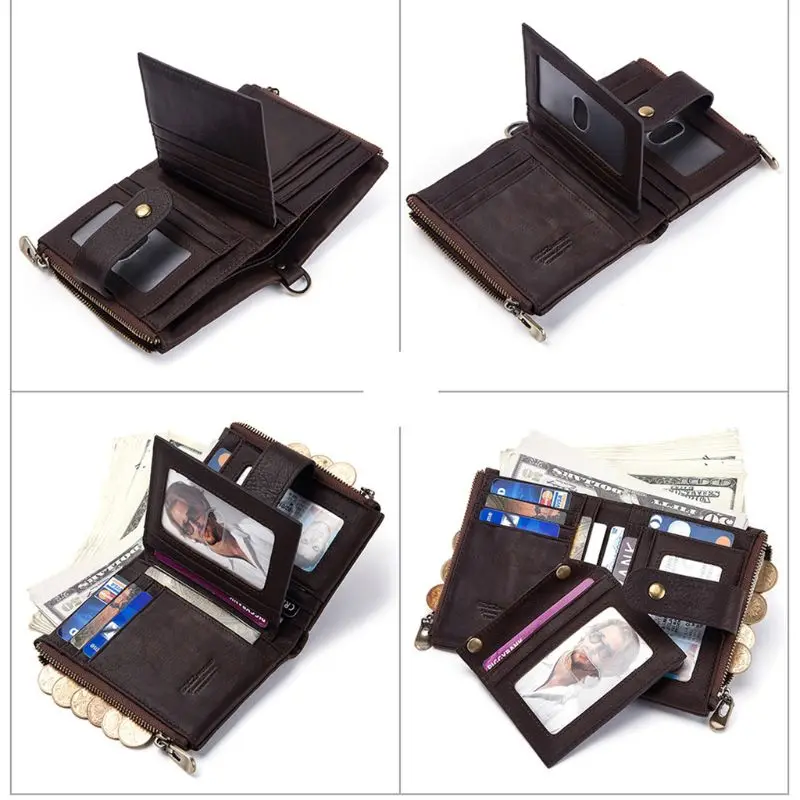 Стиль для мужчин и женщин RFID Блокировка из натуральной кожи Двойные молнии карман кошелек с противоугонной цепочкой