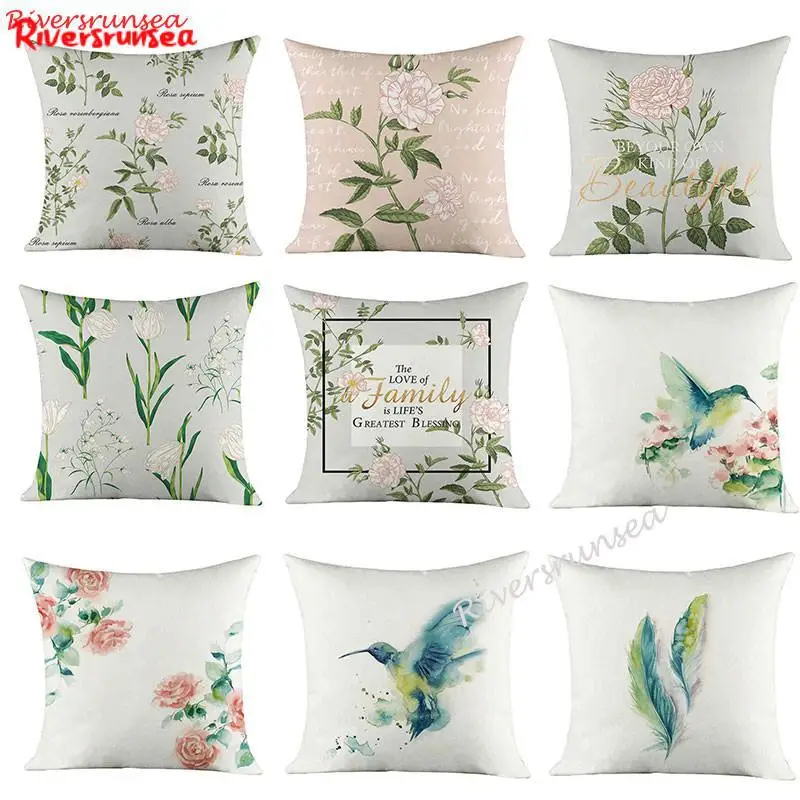 Small Fresh Green Leaf Pillow Pastoral Style Watercolor Painting Flower And Bird Printed Cushion Tropical Cactus Rose For Chair | Дом и сад