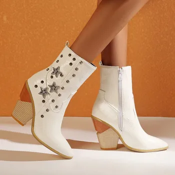 

White ankle boots for women Female Shoes 2020 winter new pointed toe wedges high heels ladies western booties large size 45 46